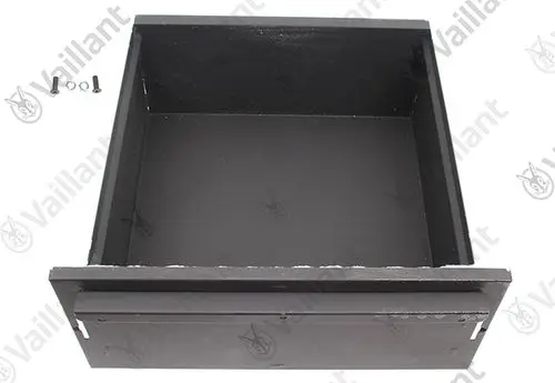 Vaillant Aschekasten in Schwarz, rechteckige Form mit abnehmbarer Front und befestigten Schrauben sichtbar. Innenfläche und Wände glatt.